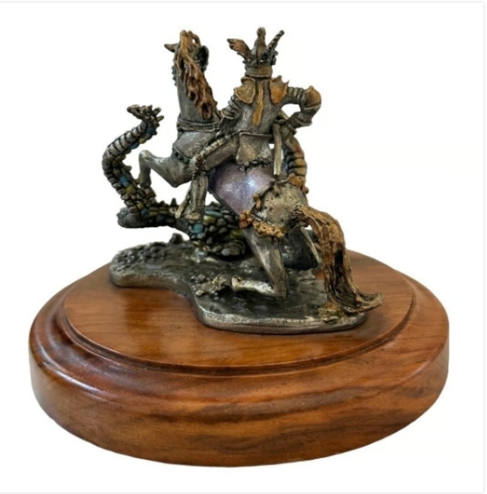 Vintage St. George Fighting the Dragon Bronze Statue Warrior Figurine Wood Base - Picture 8 of 11